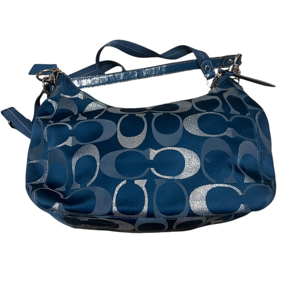 COACH F20428 Signature Handbag Teal Green Silver Jacquard Women Vintage - Picture 4 of 12